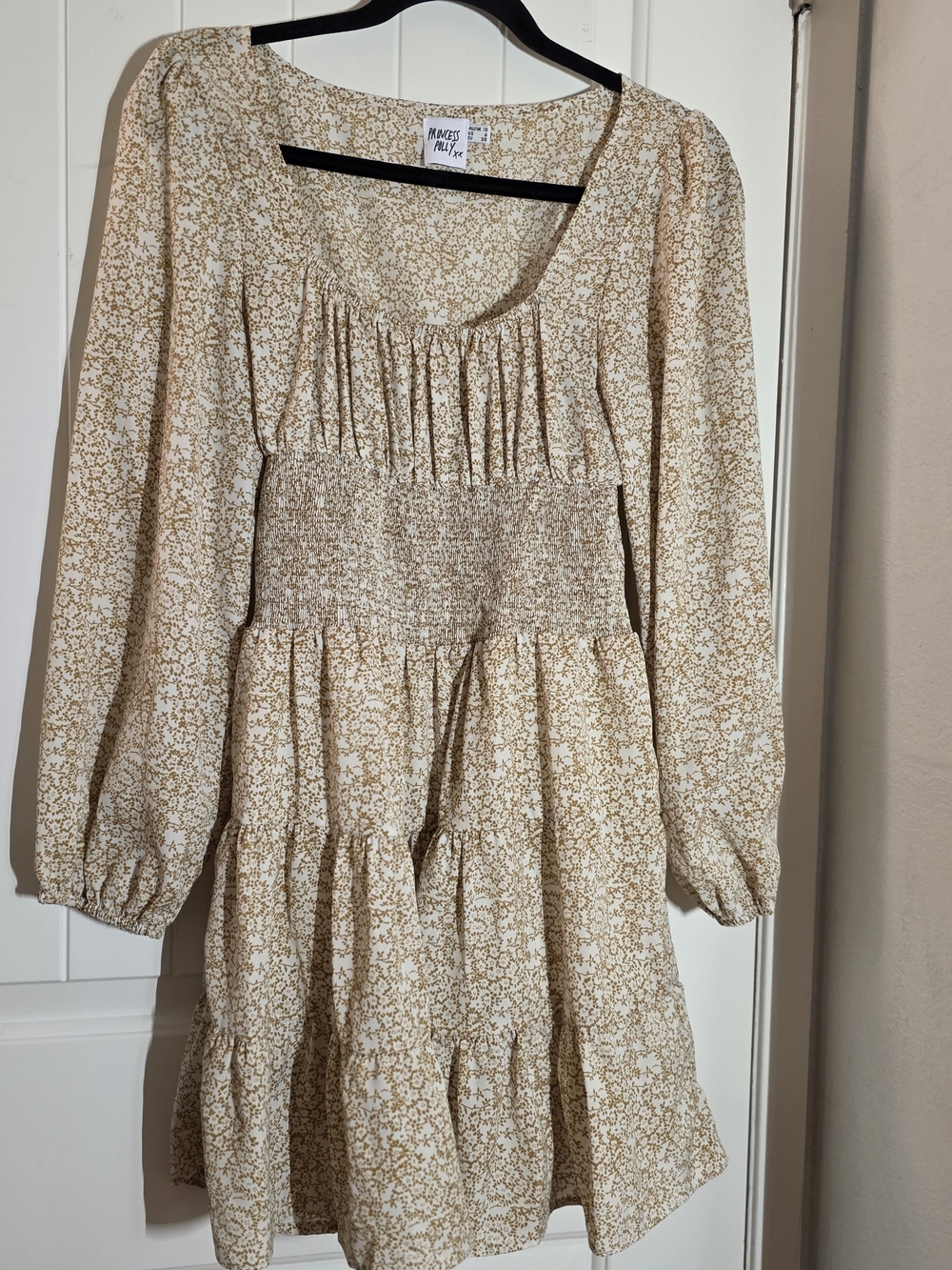 Princess Polly Cream Floral Long Sleeve Smocked Mini Dress